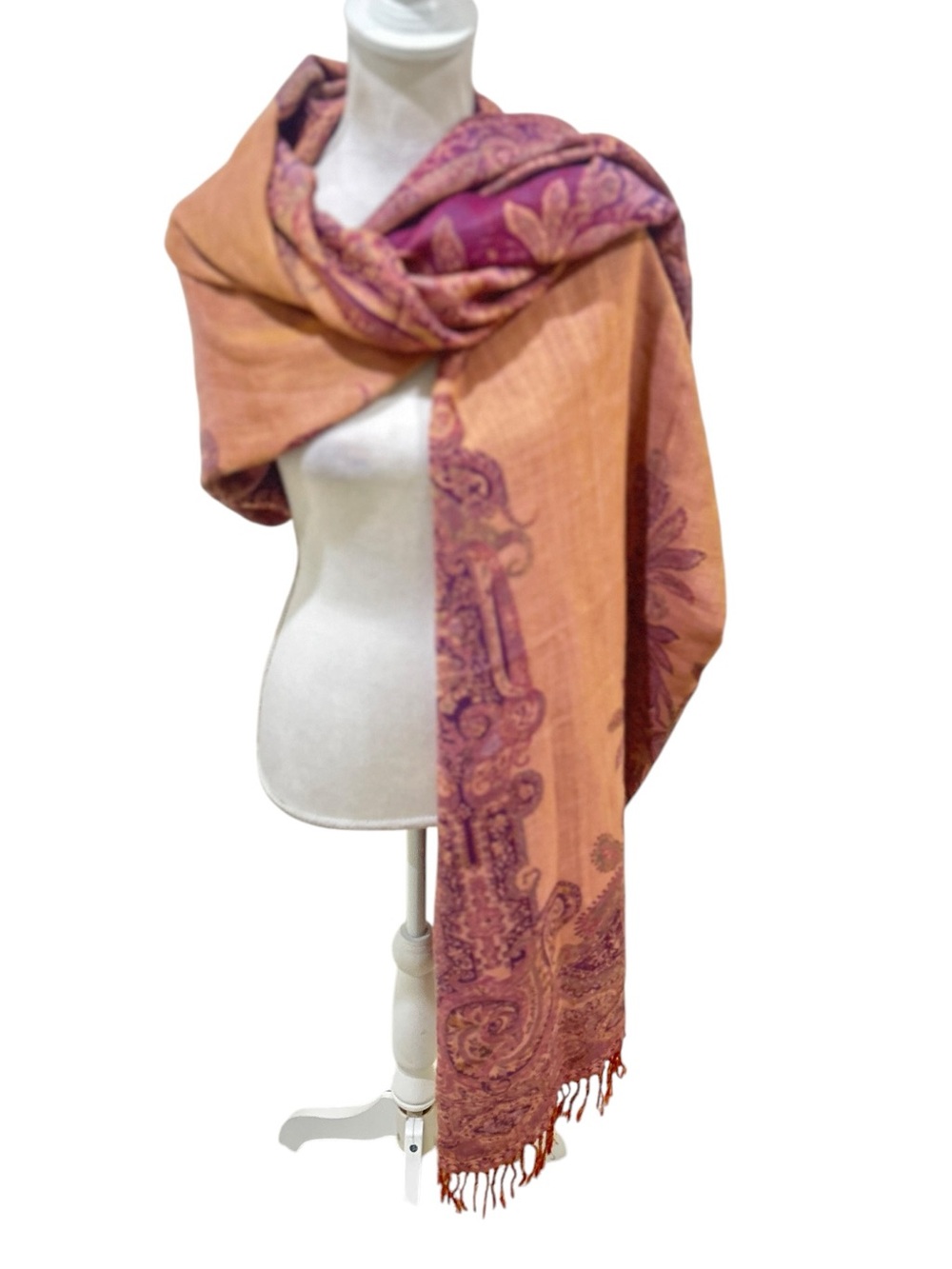 Kashmir royal collection 100% wool Elegant Paisley rust Scarf with fringe